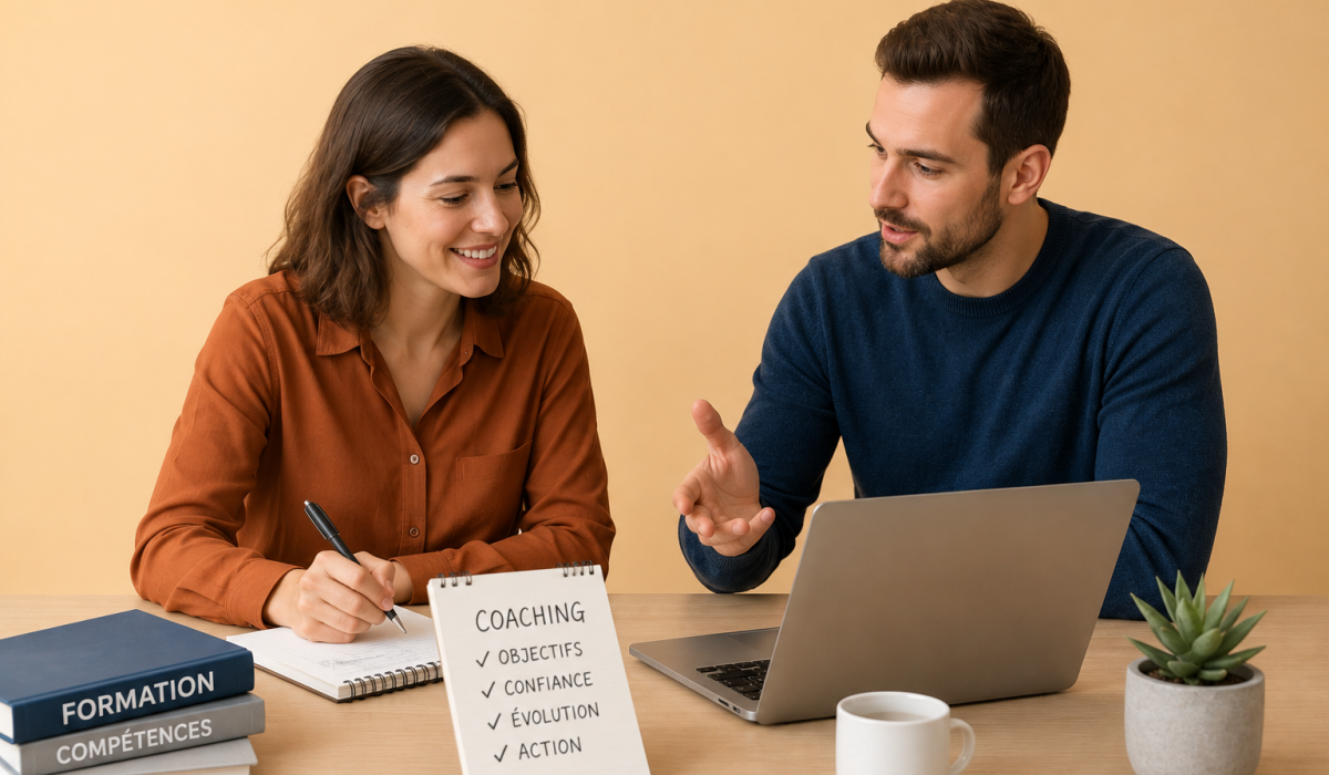 Professionnels échangeant lors d'un accompagnement en coaching professionnel pour développer leurs compétences et leur évolution de carrière à Rennes.