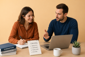 Professionnels échangeant lors d'un accompagnement en coaching professionnel pour développer leurs compétences et leur évolution de carrière à Rennes.