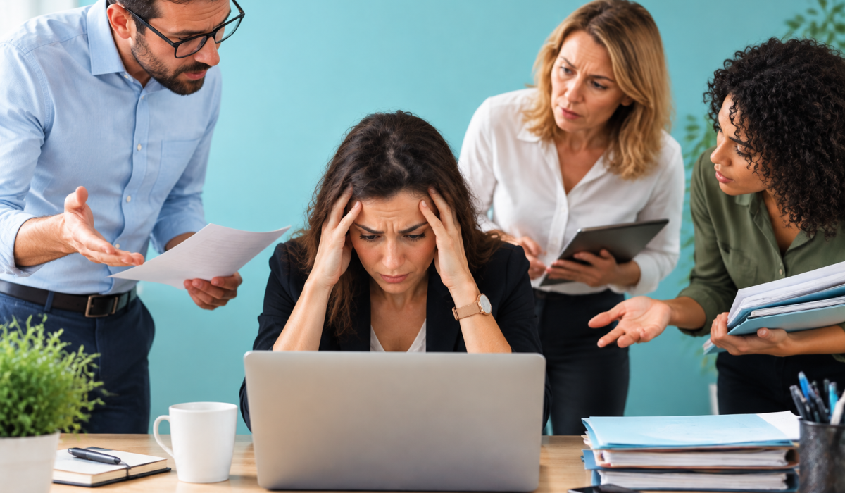 Entretien individuel de prévention RPS entre des collaborateurs et un manager devant un fond vert uni.