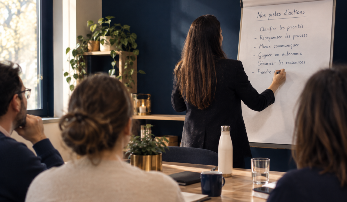 Consultante KEDIKE animant un atelier collectif en entreprise pour améliorer les pratiques de travail et prévenir les RPS.