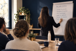 Consultante KEDIKE animant un atelier collectif en entreprise pour améliorer les pratiques de travail et prévenir les RPS.