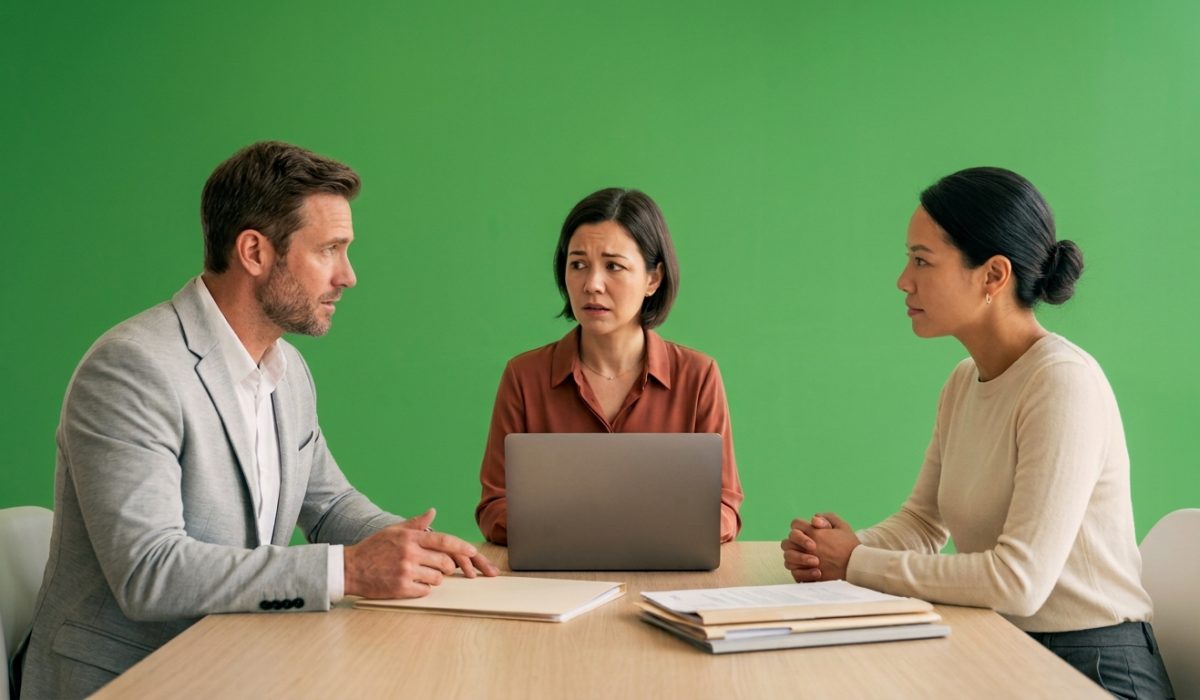 Entretien individuel de prévention RPS entre des collaborateurs et un manager devant un fond vert uni.