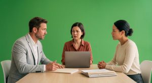 Entretien individuel de prévention RPS entre des collaborateurs et un manager devant un fond vert uni.